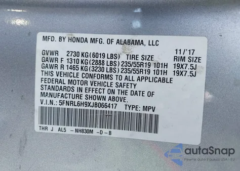 2018 Honda Odyssey Elite from USA, damaged, VIN 5FNRL6H9XJB066417